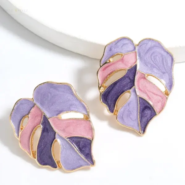 Purple Enamel Leaf Studs