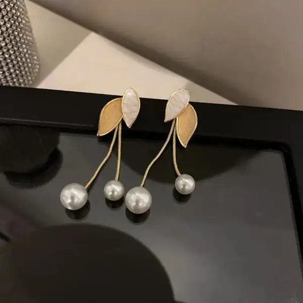 Golden Leaf Pearl Drop Earrings
